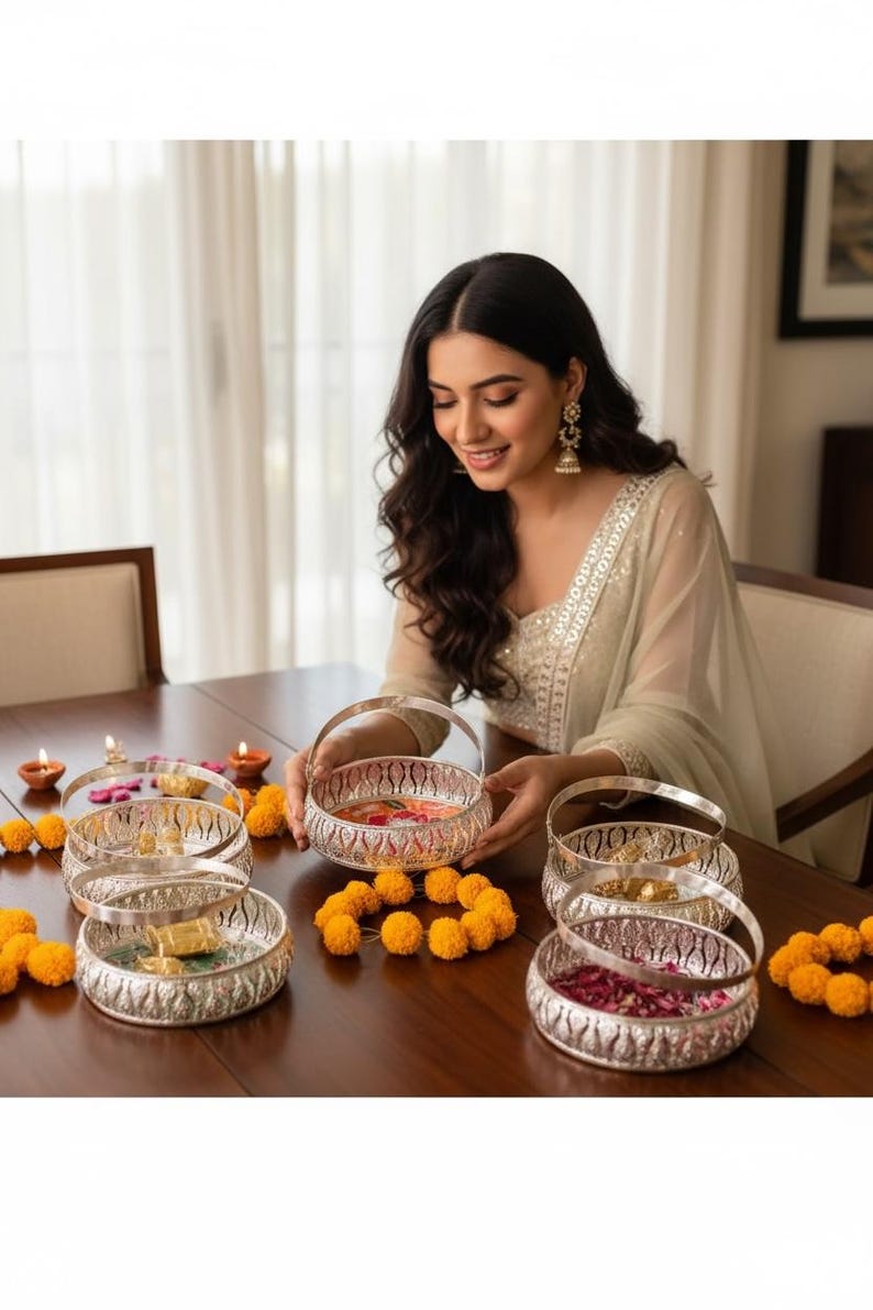 May include: A set of round silver-toned metal baskets with intricate cut-out patterns and arched handles. The baskets are arranged on a wooden surface, some containing colorful flower petals and small golden decorative items.