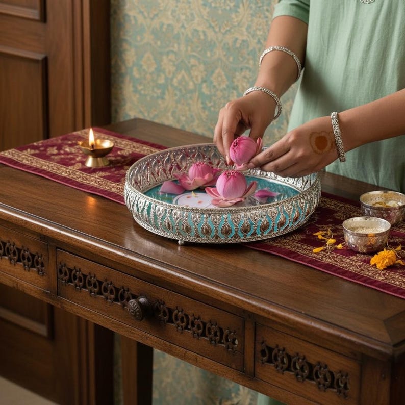 May include: A round silver decorative tray with intricate cut-out patterns and a teal interior base, holding pink lotus flowers. The tray is placed on a dark wooden table alongside a small brass oil lamp and two silver bowls.