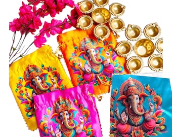 Urli Bowl with Potli Set Combo-Ganpati Favors-Bulk Indian Favors-Ganesh Chaturthi Gifts-Pooja Favors-Diwali Return Gifts-Pichwai Gift Set
