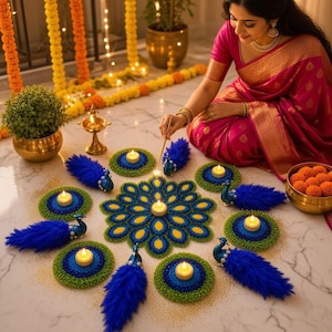 Peacock Feather Rangoli Mat Set, Ready Made Rangoli, Diwali Rangoli Decorations, Lotus Rangoli, Indian Decor, Pichwai Inspired Decor
