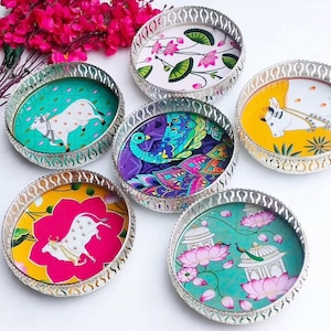 Pichwai Trays Jars: German Silver Mix Print 8 inch Bulk Favors | Indian Wedding Favors | Return Gifts for Housewarming | Indian Return Gifts
