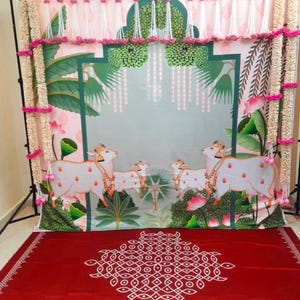 Jasmine Garlands with lotus buds for Indian Wedding Haldi Sangeet Ceremony, Mandap, South Indian Decor, | Dance Floor Mural | Vinyl Event Dance Floor | Indian Wedding Dance Floor Wrap | Reception Floor Wrap, indian Pooja Backdrop Cloth/Wedding Decor/Ganesha || Pichwai Cow | Pooja decor Party Events| Decoration | Fabric 3D printing |Kolam Print, Indian Temple Garden Pichwai Wall Mural Wallpaper with Peacock, Lotus & Cows - Traditional Vintage Bohemian Wall Covering, Ethnic Wall Decor