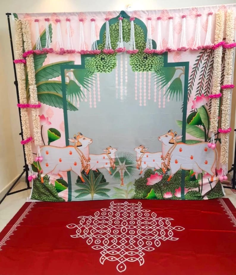 Jasmine Garlands with lotus buds for Indian Wedding Haldi Sangeet Ceremony, Mandap, South Indian Decor, | Dance Floor Mural | Vinyl Event Dance Floor | Indian Wedding Dance Floor Wrap | Reception Floor Wrap, indian Pooja Backdrop Cloth/Wedding Decor/Ganesha || Pichwai Cow | Pooja decor Party Events| Decoration | Fabric 3D printing |Kolam Print, Indian Temple Garden Pichwai Wall Mural Wallpaper with Peacock, Lotus & Cows - Traditional Vintage Bohemian Wall Covering, Ethnic Wall Decor