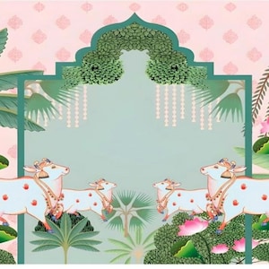 Pichwai Cow Backdrop: Indian Pooja Decor with Lotus - 8x5 ft