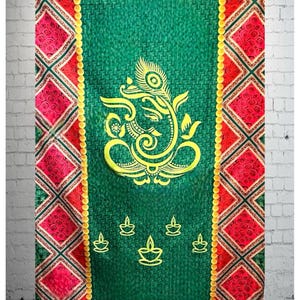 Ganesha Green Backdrop cloth-Indian Traditional Backdrop-Pooja Backdrop- Kolam Backdrop-Festive Decor Housewarming/Wedding/Diwali