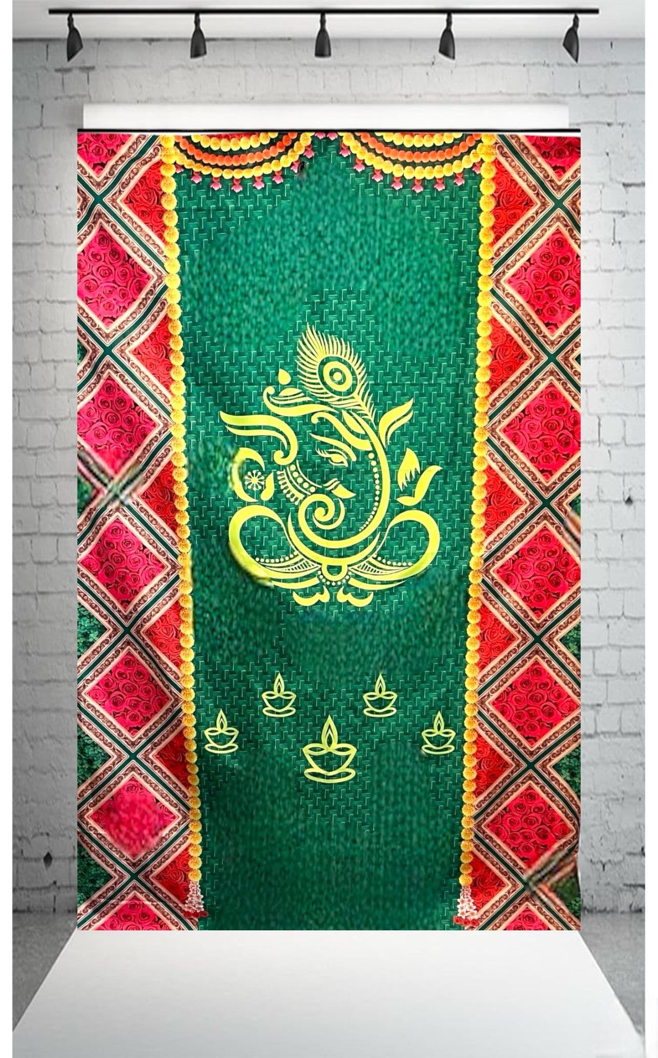 Ganesha Green Backdrop cloth-Indian Traditional Backdrop-Pooja Backdrop- Kolam Backdrop-Festive Decor Housewarming/Wedding/Diwali