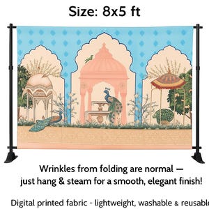 May include: A rectangular backdrop measuring 8x5 ft featuring a digital print of three architectural structures in a garden setting with peacocks, foliage, and a light blue sky. The fabric is mounted on a black metal stand with text overlays.