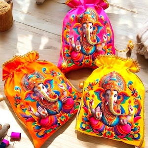 Ganesha Laxmi Potli Bags: Pichwai Indian Wedding Favor Bags, Return Gifts Sankranti Pooja Hampers