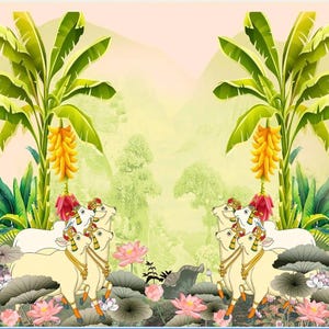 May include: A vibrant illustration featuring stylized cows adorned with decorative elements, set against a backdrop of lush banana trees, flowers, and a serene landscape. The color palette includes soft greens, yellows, and pinks.