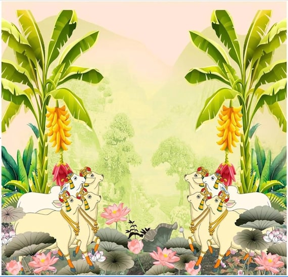 Pichwai Cow & Banana Tree Backdrop: Indian Festive Decor, 8x8 FT Crush Satin, Pooja decor