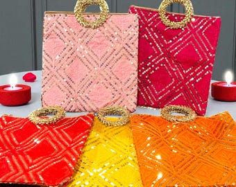Lote al por mayor de bolsos de seda con lentejuelas - Bolsos de boda indios con cremallera - Regalos de fiesta al por mayor - Devolución
