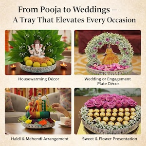 May include: A round, silver-toned decorative tray shown in four arrangements: holding a Ganesha idol with leaves and lemons, a floral wreath with a figure, a pair of dolls with colorful fabric rolls, and a display of pink roses and gold-wrapped chocolates.