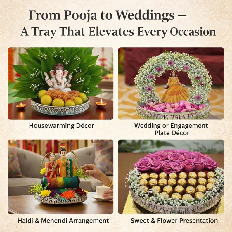 May include: A round, silver-toned decorative tray shown in four arrangements: holding a Ganesha idol with leaves and lemons, a floral wreath with a figure, a pair of dolls with colorful fabric rolls, and a display of pink roses and gold-wrapped chocolates.