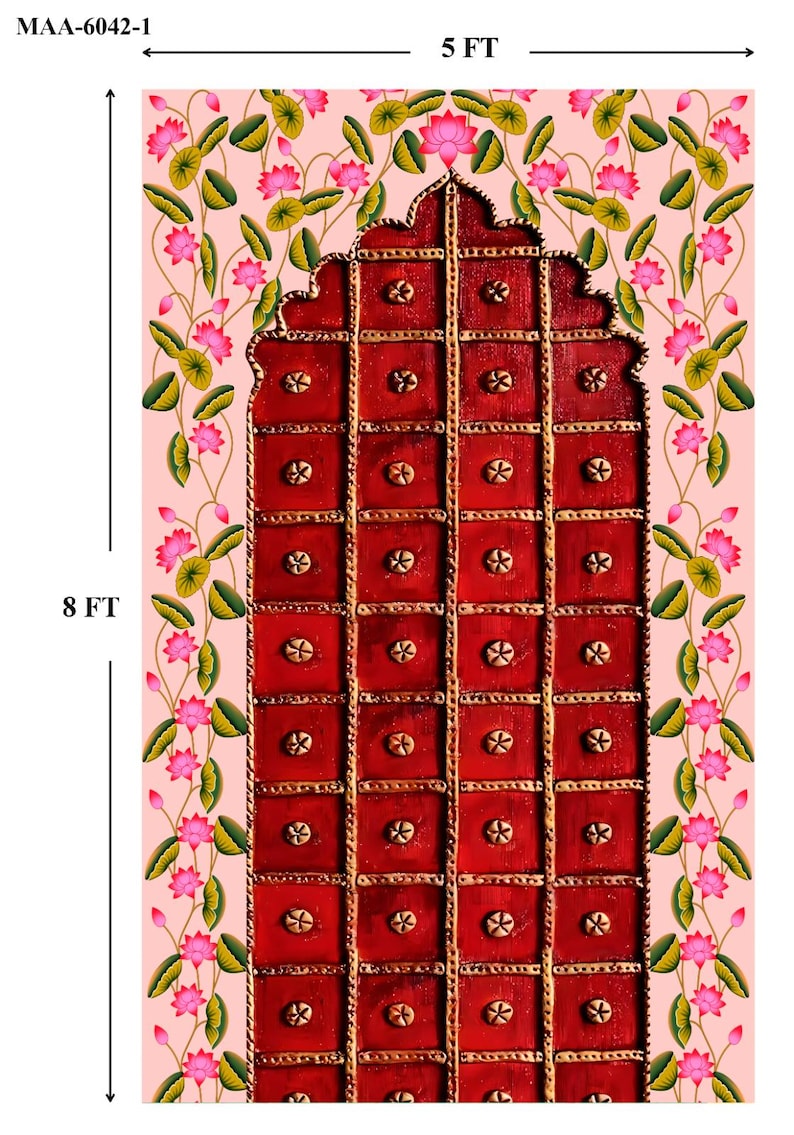 Puede incluir: Una puerta rectangular de madera roja con un borde floral decorativo. La puerta mide aproximadamente 244 cm de alto y 152 cm de ancho. La puerta tiene un patr&oacute;n de cuadr&iacute;cula con detalles dorados y est&aacute; adornada con flores de loto rosas y hojas verdes.
