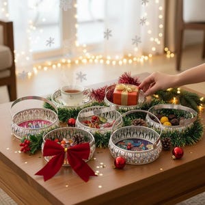 May include: A set of silver-toned metal baskets with arched handles, featuring intricate cut-out patterns along the rims. The baskets are arranged on a table with green tinsel, red ornaments, a small gift box, and a white teacup.