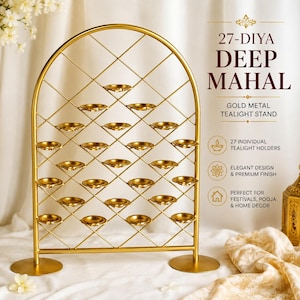 May include: A gold metal arched tealight stand featuring a lattice grid design with 27 individual circular holders. The text on the right reads 27-DIYA DEEP MAHAL, GOLD METAL TEALIGHT STAND, 27 INDIVIDUAL TEALIGHT HOLDERS, ELEGANT DESIGN & PREMIUM FINISH.