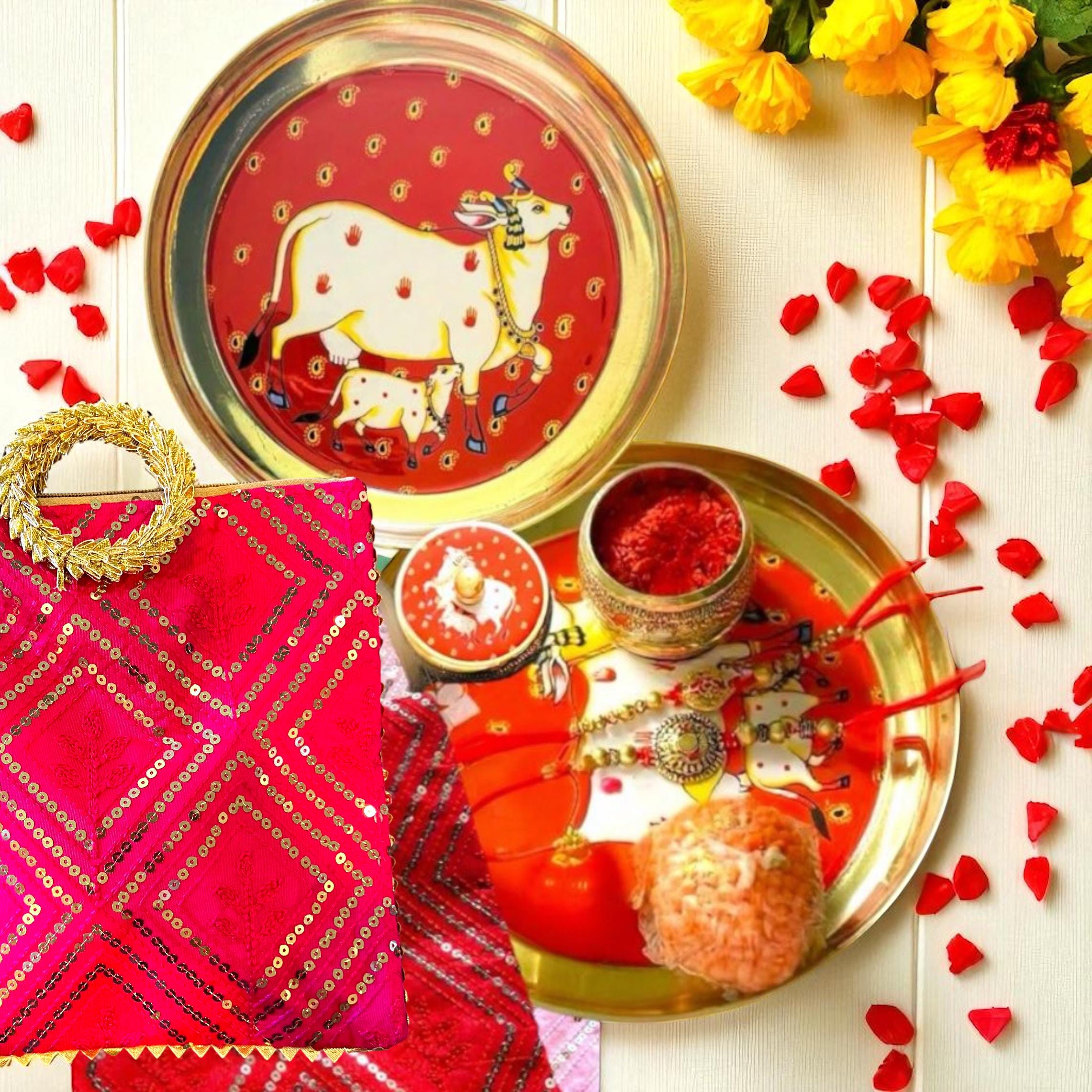 Brass plates 6" Pichwai Bulk Kumkum Box Gift Bag-Brass Return Gifts-Indian Wedding Favors-Aarti Thali-Cow Peacock Brass Pooja Thali-Diwali