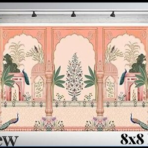 May include: A rectangular backdrop measuring 8x8 feet featuring a peach-colored architectural design with arched alcoves, decorative pillars, palm trees, and peacocks. The scene includes a central floral motif and intricate botanical patterns.