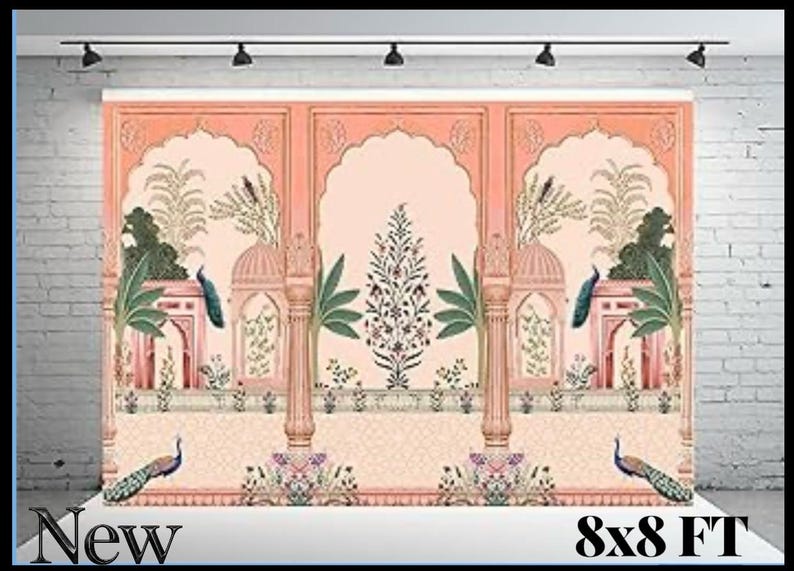 May include: A rectangular backdrop measuring 8x8 feet featuring a peach-colored architectural design with arched alcoves, decorative pillars, palm trees, and peacocks. The scene includes a central floral motif and intricate botanical patterns.