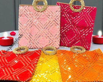Wholesale Lot of Sequin Silk Handbags-Indian Wedding Pouch with Zipper- Bulk Party Favors-Return Gifts
