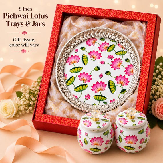 Pichwai Trays & Jar Combo: Indian Return Gift- Diwali Gift Hampers-Bulk Favors Wedding Puja House warming