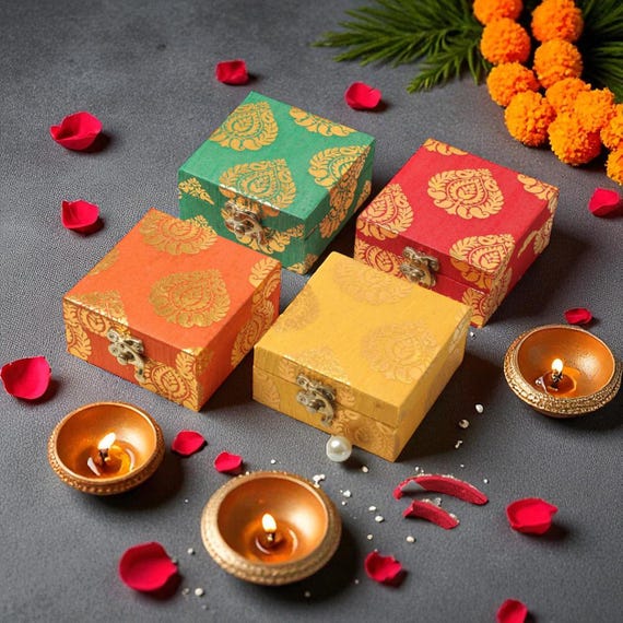Handmade Brocade Jewelry Boxes: Indian Wedding Favor Hampers, Empty Gift Box, Haldi Mehendi favor, Diwali Gifts Mithai Box