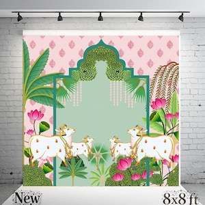 May include: A pink and green backdrop featuring a decorative archway with cows, flowers, and foliage. The backdrop has a pink patterned background and the text "New" and "8x8 ft".