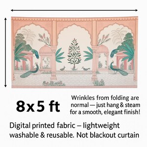 May include: A rectangular fabric wall tapestry measuring 8x5 ft, featuring a digital print of a peach-colored architectural archway with green palm trees, flowering plants, and two peacocks. The text states: 8x5 ft, Wrinkles from folding are normal&mdash;just hang & steam for a smooth, elegant finish! Digital printed fabric&mdash;lightweight washable & reusable. Not blackout curtain.