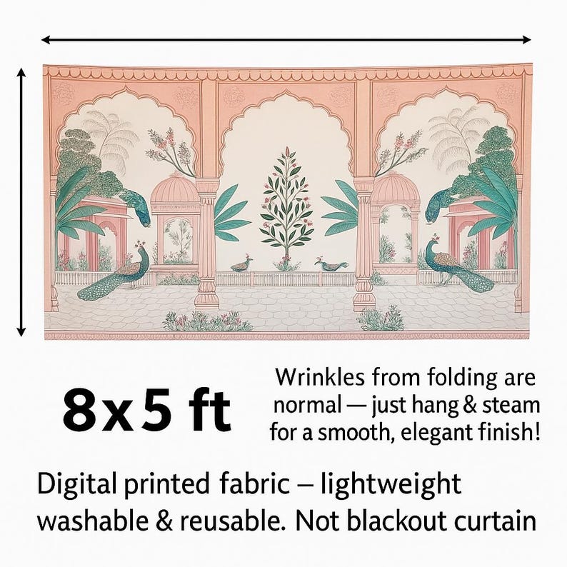 May include: A rectangular fabric wall tapestry measuring 8x5 ft, featuring a digital print of a peach-colored architectural archway with green palm trees, flowering plants, and two peacocks. The text states: 8x5 ft, Wrinkles from folding are normal&mdash;just hang & steam for a smooth, elegant finish! Digital printed fabric&mdash;lightweight washable & reusable. Not blackout curtain.