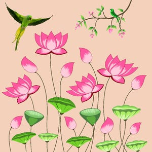 May include: Digital illustration of pink lotus flowers, green lily pads, and a flying green parrot. A branch with a green bird and pink blossoms is also present. The background is a soft peach colour.
