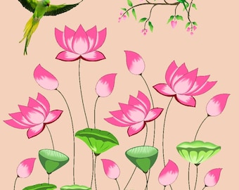 Fondo floral de loto con loro rosa, decoración para Pooja india - Accesorios para fotos de decoración de Ganpati Mandap de 5 x 8 pies / 8 x 8 pies