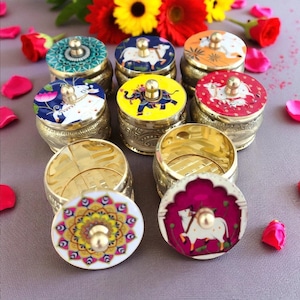 Brass Haldi Kumkum Box: Pichwai Art Pooja Favors - Diwali Gifts, Sindoor Dibbi/Dani, Puja Navaratri