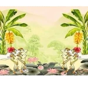 banana trees Jasmine Garlands with lotus buds for Indian Wedding Haldi Sangeet Ceremony, Mandap, South Indian Decor, | Dance Floor Mural | Vinyl Event Dance Floor | Indian Wedding Dance Floor Wrap | Reception Floor Wrap, indian Pooja Backdrop Cloth/Wedding Decor/Ganesha || Pichwai Cow | Pooja decor Party Events| Decoration | Fabric 3D printing, Kolam Print, Indian Temple Garden Pichwai Wall Mural Wallpaper with Peacock, Lotus & Cows - Traditional Vintage Bohemian Wall Covering Ethnic Wall Decor
