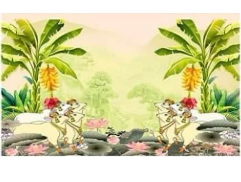 banana trees Jasmine Garlands with lotus buds for Indian Wedding Haldi Sangeet Ceremony, Mandap, South Indian Decor, | Dance Floor Mural | Vinyl Event Dance Floor | Indian Wedding Dance Floor Wrap | Reception Floor Wrap, indian Pooja Backdrop Cloth/Wedding Decor/Ganesha || Pichwai Cow | Pooja decor Party Events| Decoration | Fabric 3D printing, Kolam Print, Indian Temple Garden Pichwai Wall Mural Wallpaper with Peacock, Lotus & Cows - Traditional Vintage Bohemian Wall Covering Ethnic Wall Decor