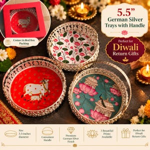 May include: Three 5.5-inch German silver trays with handles, featuring intricate filigree edges. One tray has a red base with a white cow and calf print, one has a white base with pink lotus flowers, and one has a teal base with lotus and architecture.