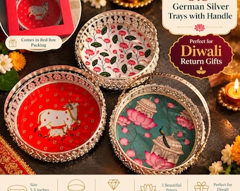 Pichwai Tray Basket 5.5"/8" with Handle: Indian Return Gifts Guests Bulk Wedding Housewarming Diwali Favors, Gift Box Combo