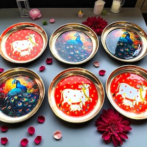 Brass Pichwai Art Plate: Cow & Peacock Print - 6 Inch Pooja Tray