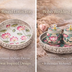 May include: A round silver-toned tray with a white base featuring a pink and green lotus flower pattern. The text reads White Round Lotus Tray, Bohemian Indian Decor, Pichwai Inspired Design, Boho Wedding Favors, Modern Desi Gifting, Bohemian Mehendi Favor Set.