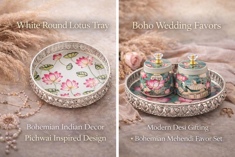May include: A round silver-toned tray with a white base featuring a pink and green lotus flower pattern. The text reads White Round Lotus Tray, Bohemian Indian Decor, Pichwai Inspired Design, Boho Wedding Favors, Modern Desi Gifting, Bohemian Mehendi Favor Set.