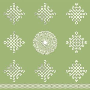 May include: A sage green fabric featuring a repeating pattern of white geometric knot designs and a central circular mandala motif. A horizontal border with a continuous interlocking pattern runs along the bottom edge of the textile.