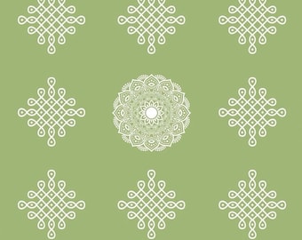 Fondo de Rangoli Kolam: decoración tradicional india de Pooja, tapete de piso Rangoli de tela Muggu verde/rojo