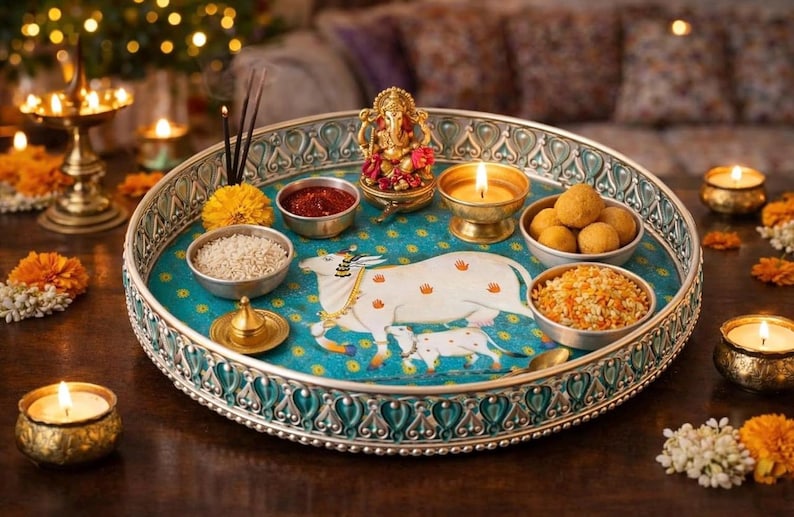 May include: A round, silver-toned metal tray with an intricate teal and silver border. The center features a painted white cow and calf on a teal background. It holds small metal bowls containing rice, red powder, and yellow grains, plus a golden Ganesha figurine and a lit candle.