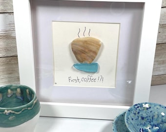 Seaglass coffee mug picture with 3 handmade ceramic bowls set