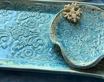 Handmade ceramic platter and spoon rest or bowl set with snowflakes
