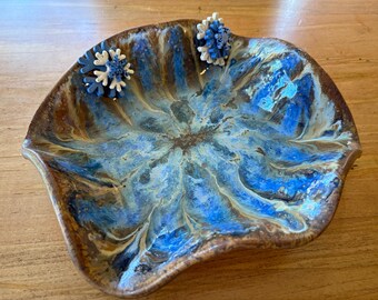 Large handmade ceramic bowl, wavy with snowflakes