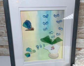 Handmade seaglass wall art, hand painted, hummingbird/ butterfly