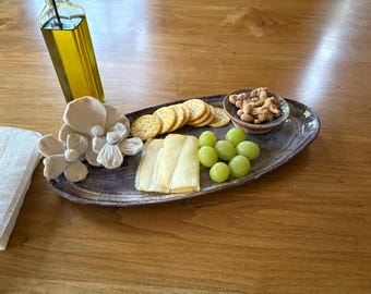 handmade ceramic platter and bowl set, flowers