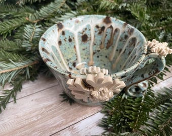 Ceramic coffee mug with snowflakes, handmade