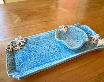 Handmade ceramic platter and spoon rest or bowl set with snowflakes
