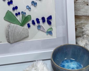 Handmade  hummingbird seaglass wall art and handmade ceramic bowl set